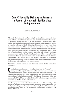 Dual Citizenship Debates in Armenia: in Pursuit of National Identity Since Independence