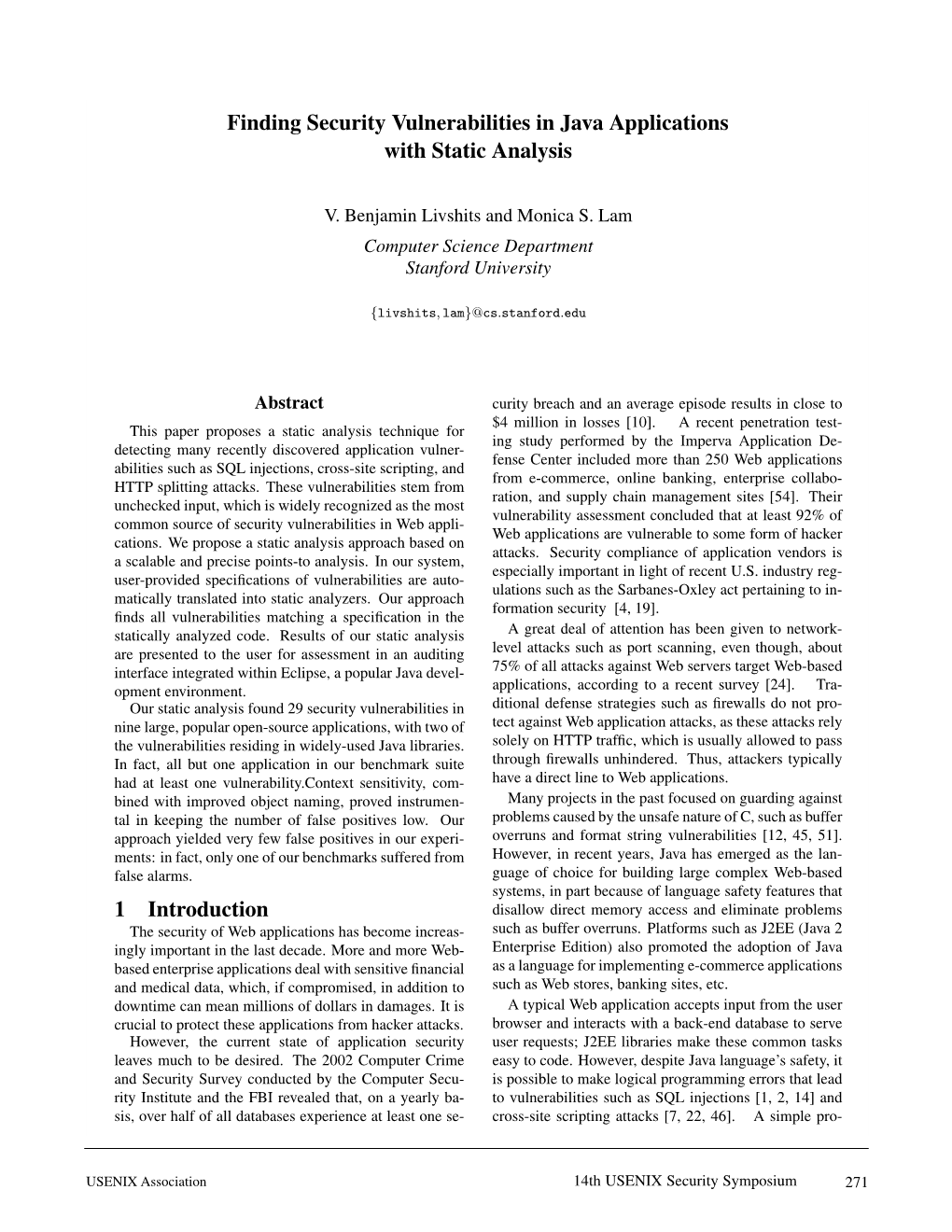 Finding Security Vulnerabilities in Java Applications with Static Analysis