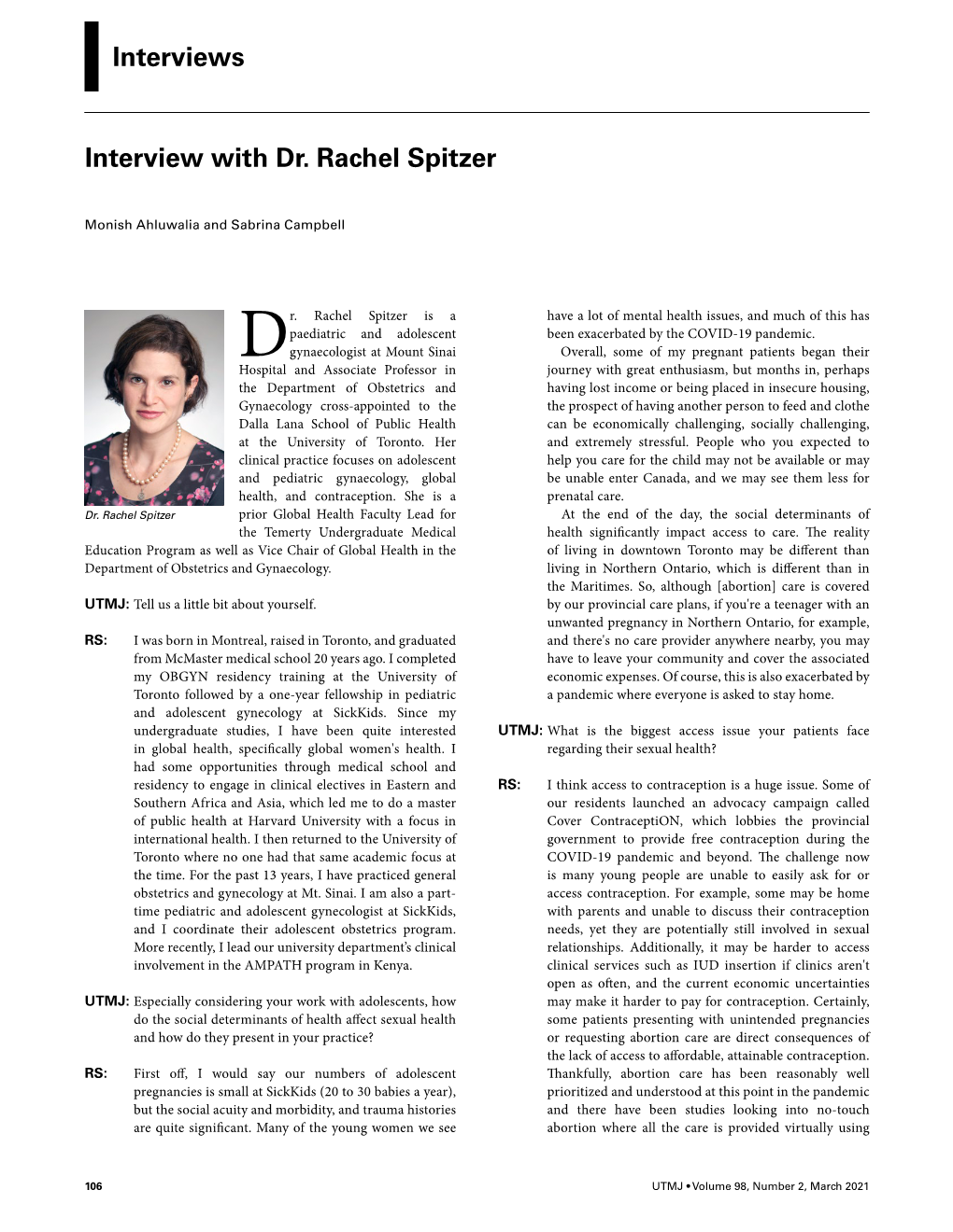 Interviews Interview with Dr. Rachel Spitzer