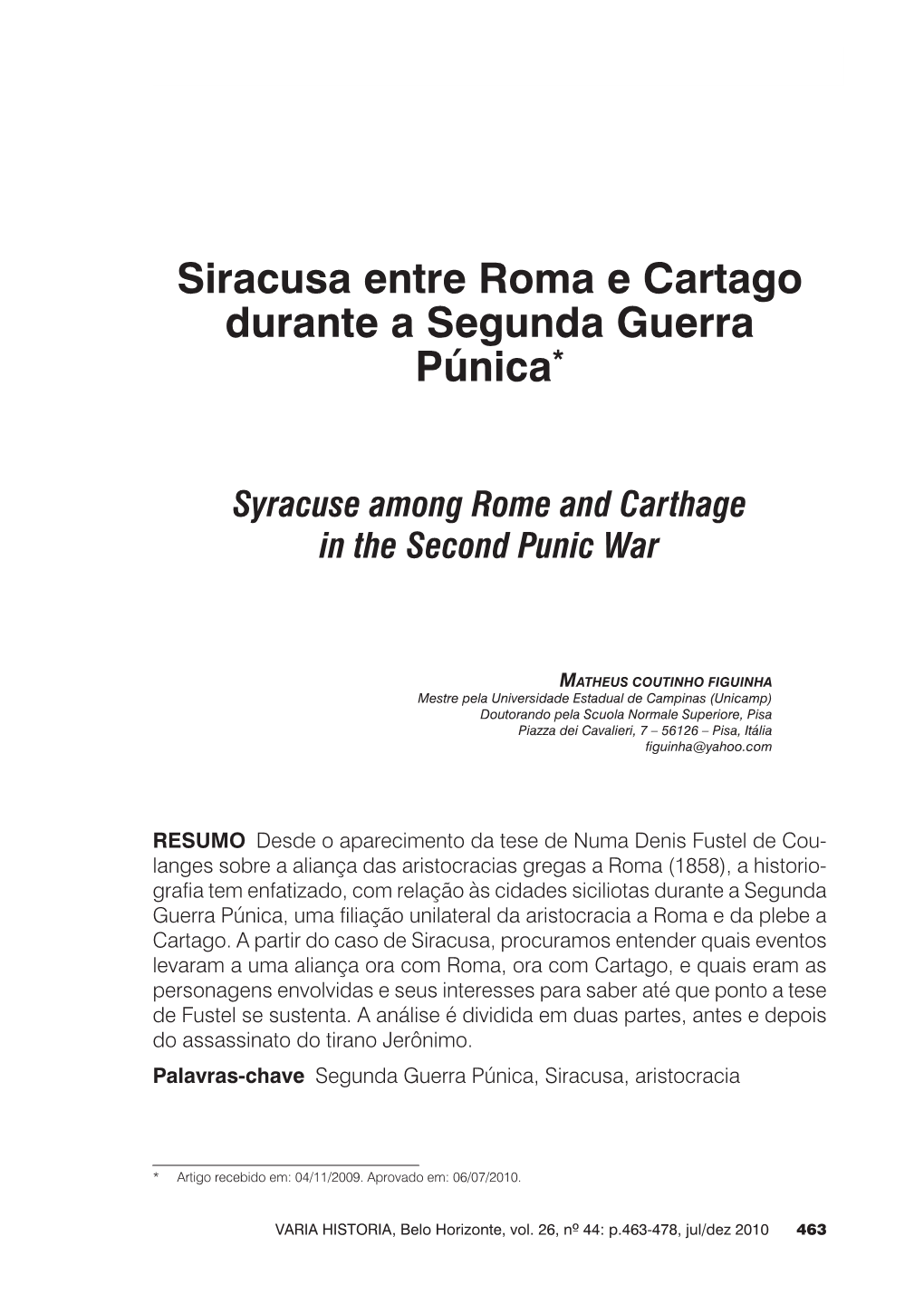 Siracusa Entre Roma E Cartago Durante a Segunda Guerra Púnica