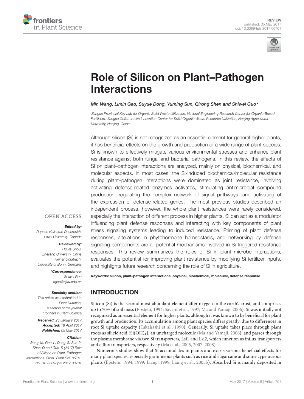 Role of Silicon on Plant-Pathogen Interactions. Front. Plant Sci. 8:701