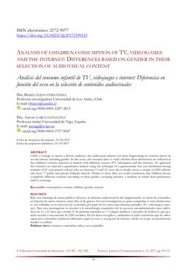 Análisis Del Consumo Infantil De TV, Videojuegos E Internet: Diferencias En Función Del Sexo En La Selección De Contenidos Audiovisuales