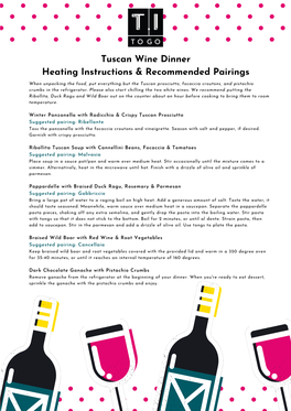 Tuscan Wine Dinner Heating Instructions & Recommended Pairings