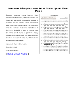 Paramore Misery Business Drum Transcription Sheet Music