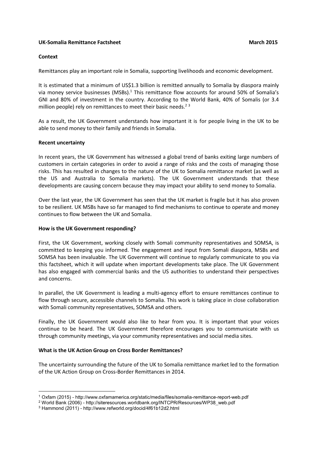 UK-Somalia Remittance Factsheet March 2015 Context