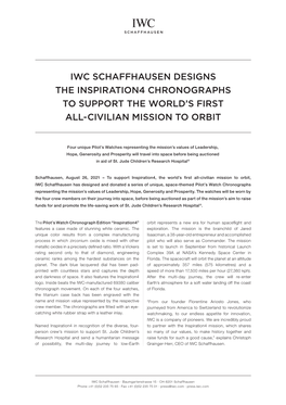 Iwc Schaffhausen Designs the Inspiration4 Chronographs to Support the World’S First All-Civilian Mission to Orbit