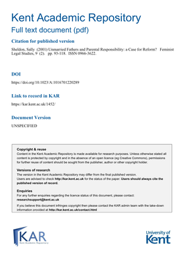 Unmarried Fathers and Parental Responsibility: a Case for Reform? Feminist Legal Studies, 9 (2)