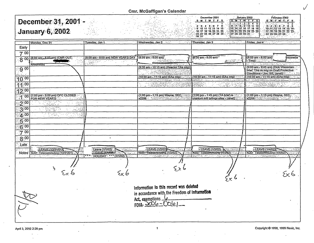 Commissioner Mcgaffigan's Calendar December 31, 2001