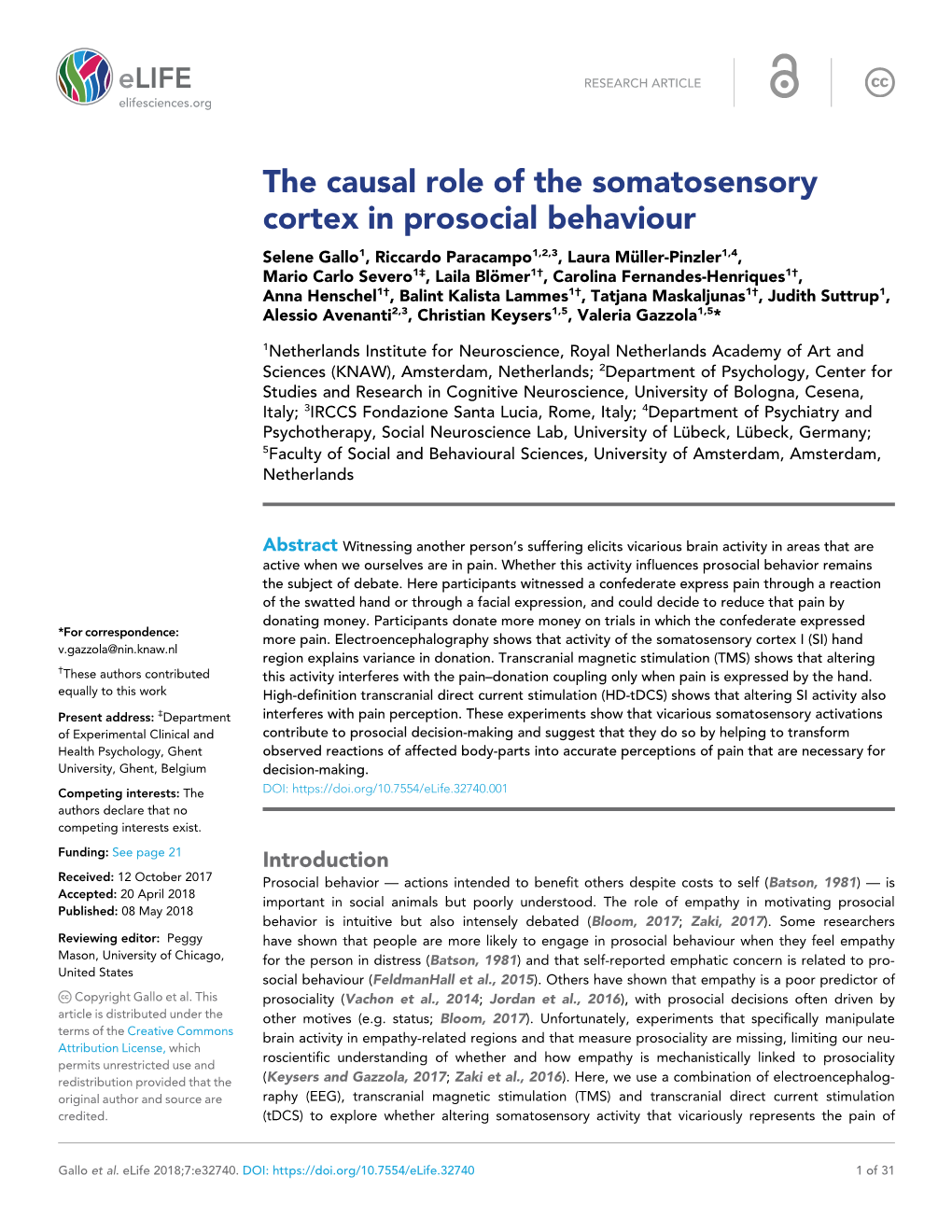The Causal Role of the Somatosensory Cortex in Prosocial Behaviour