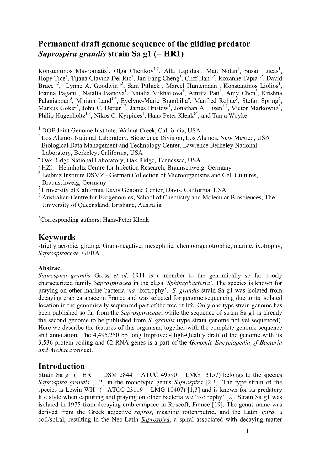 Permanent Draft Genome Sequence of the Gliding Predator Saprospira Grandis Strain Sa G1 (= HR1)