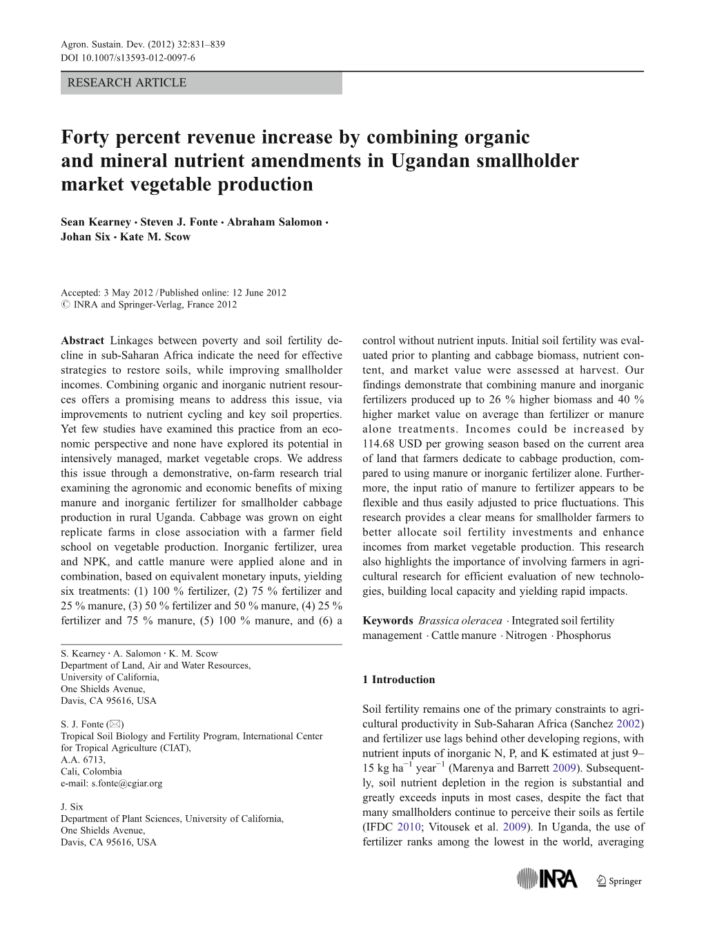 Forty Percent Revenue Increase by Combining Organic and Mineral Nutrient Amendments in Ugandan Smallholder Market Vegetable Production