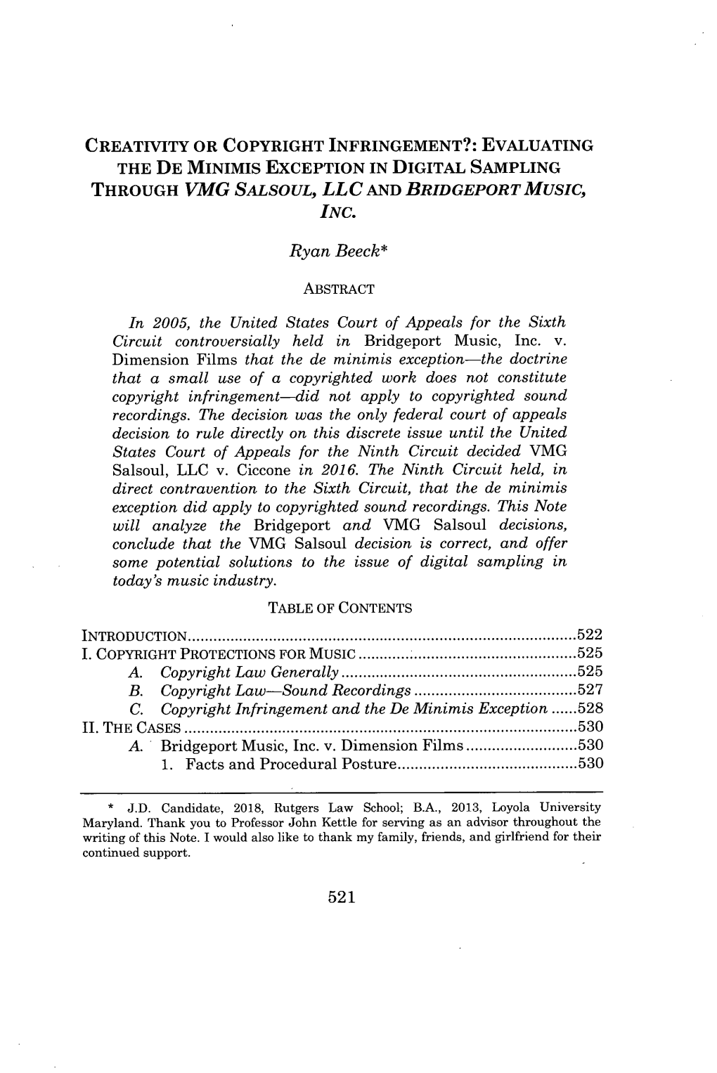 EVALUATING the DE Minimis EXCEPTION in DIGITAL SAMPLING THROUGH VMG SALSOUL, LLC and BRIDGEPORT MUSIC, INC