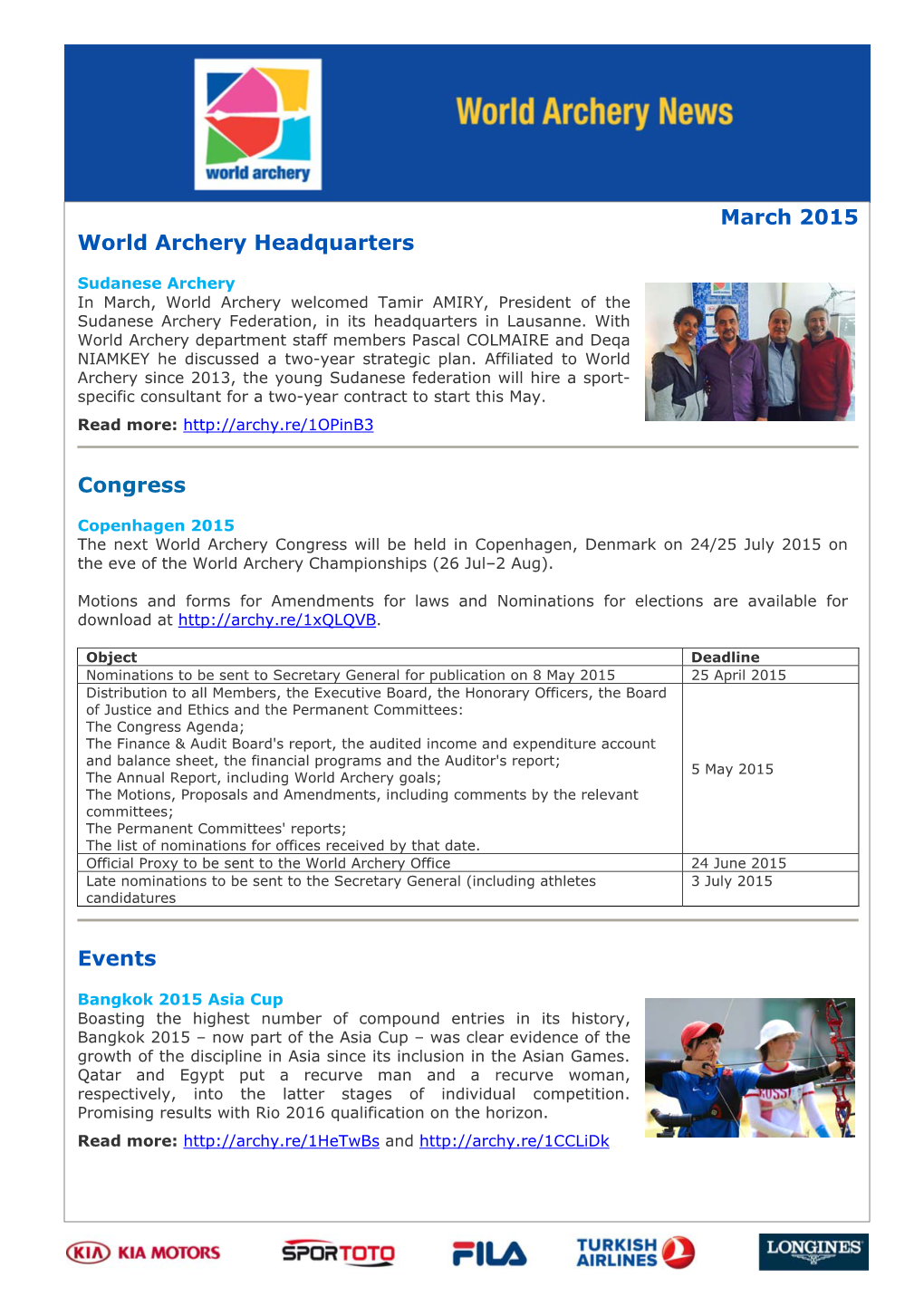 March 2015 World Archery Headquarters Congress Events