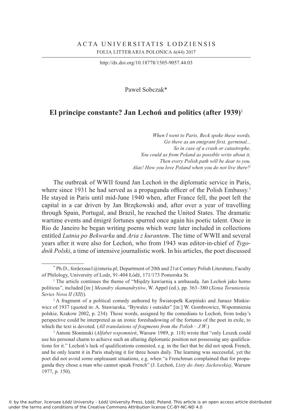 El Principe Constante? Jan Lechoń and Politics (After 1939)1