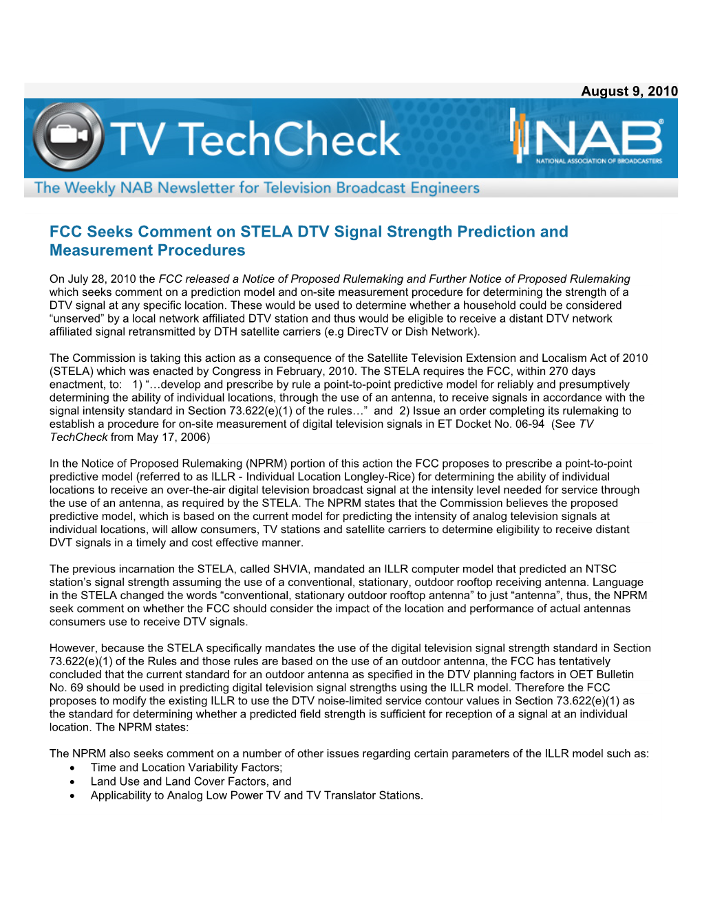 FCC Seeks Comment on STELA DTV Signal Strength Prediction and Measurement Procedures