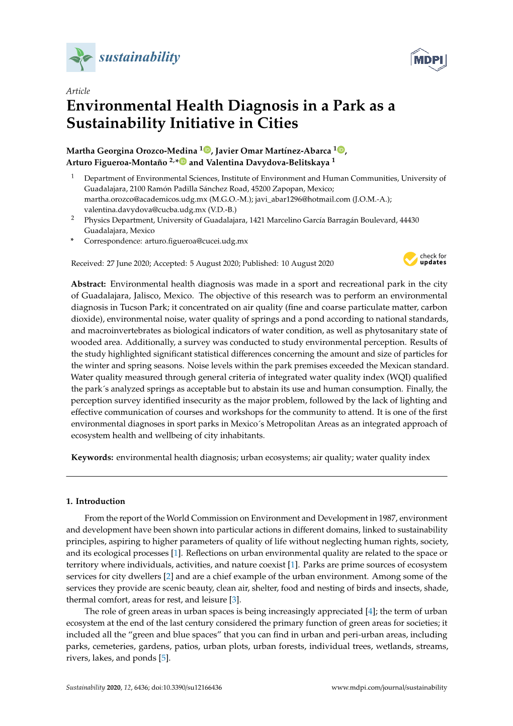 Environmental Health Diagnosis in a Park As a Sustainability Initiative in Cities