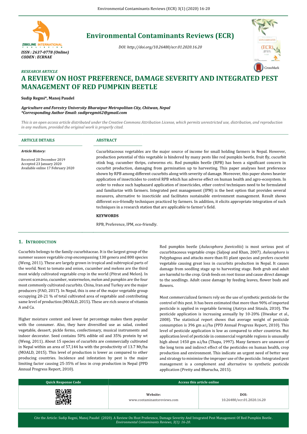 A Review on Host Preference, Damage Severity and Integrated Pest Management of Red Pumpkin Beetle