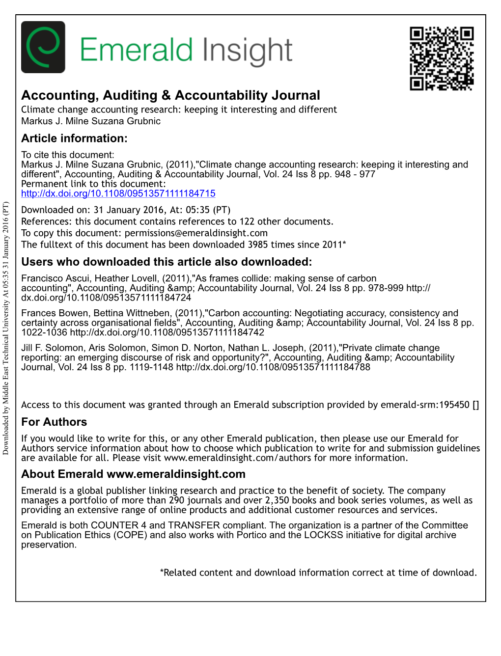 Climate Change Accounting Research: Keeping It Interesting and Different Markus J