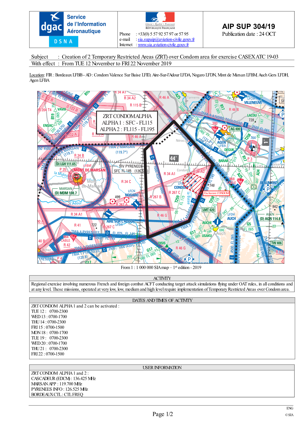 AIP SUP 304/19 Aéronautique Phone : +33(0) 5 57 92 57 97 Or 57 95 Publication Date : 24 OCT E-Mail : Sia.Supaip@Aviation-Civile.Gouv.Fr