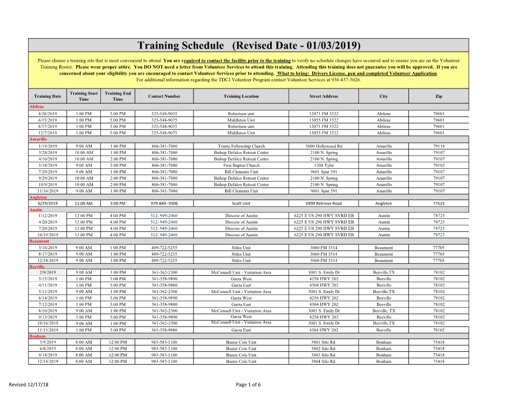 Training Schedule (Revised Date - 01/03/2019)