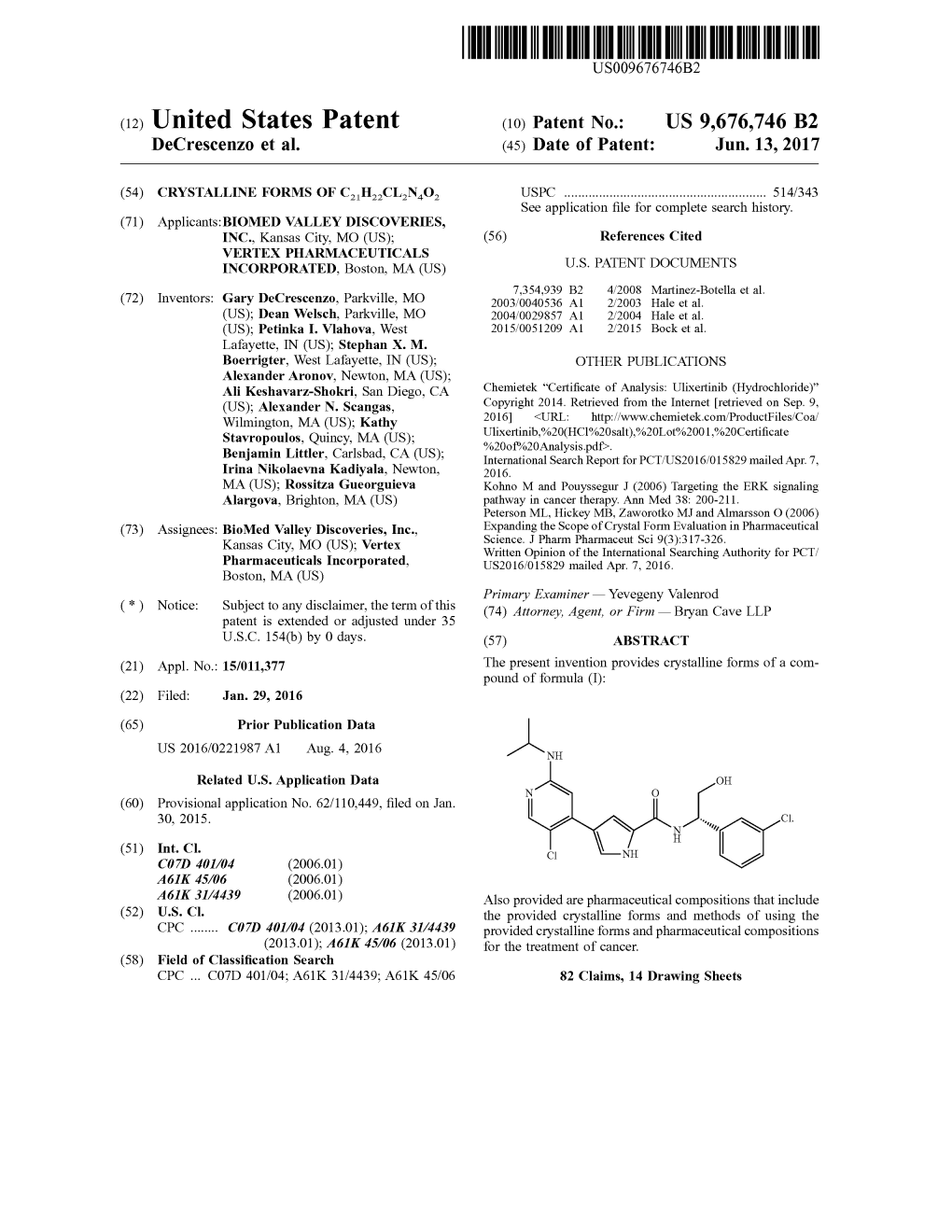 (12) United States Patent (10) Patent No.: US 9,676,746 B2 Decrescenzo Et Al