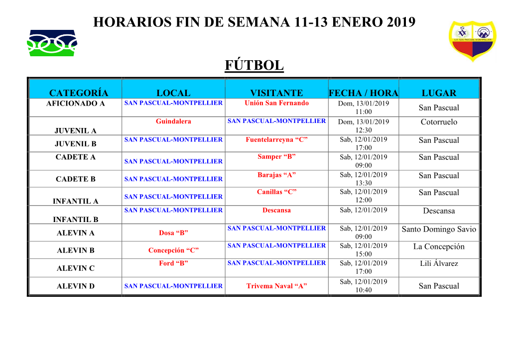 Horarios Fin De Semana 11-13 Enero 2019 Fútbol