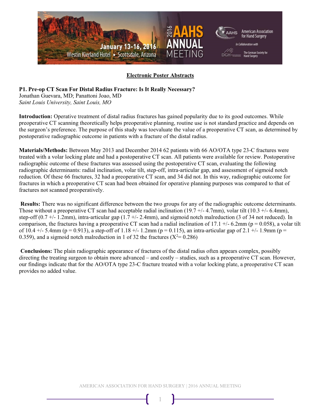 Electronic Poster Abstracts P1. Pre-Op CT Scan for Distal Radius Fracture