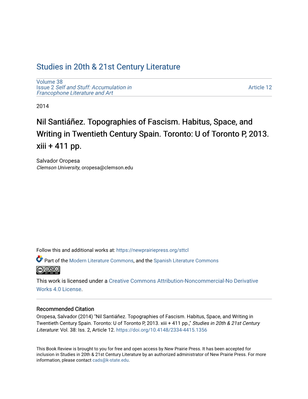 Nil Santiáñez. Topographies of Fascism. Habitus, Space, and Writing in Twentieth Century Spain