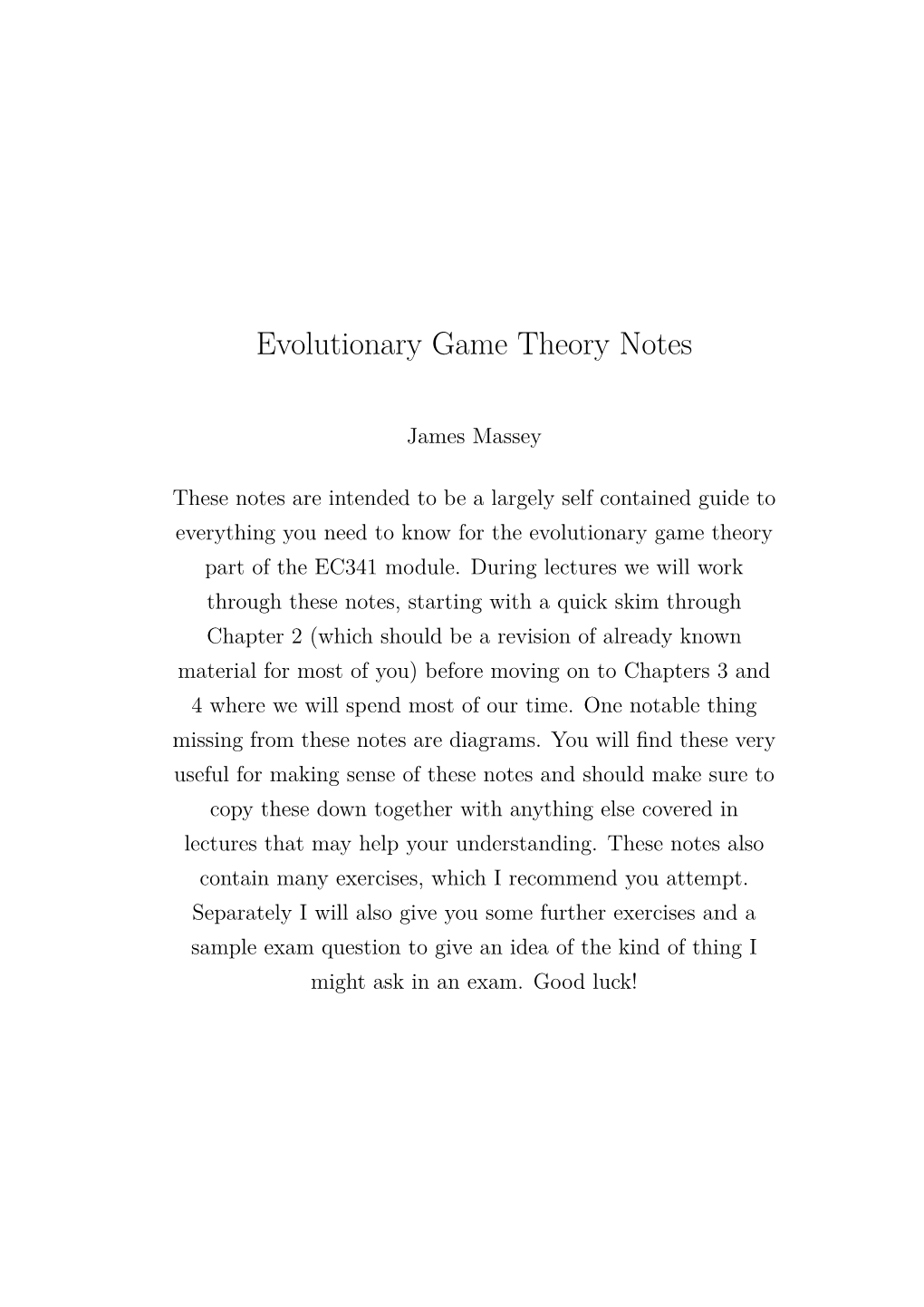 Evolutionary Game Theory Notes