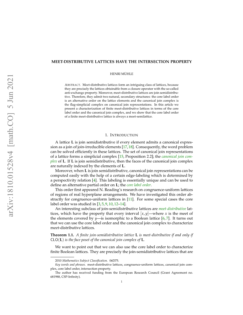 Arxiv:1810.01528V4 [Math.CO] 5 Jun 2021 Tatyfrcnrec-Nfr Atcsi [ in Investi Lattices Have We Congruence-Uniform for Arrangements