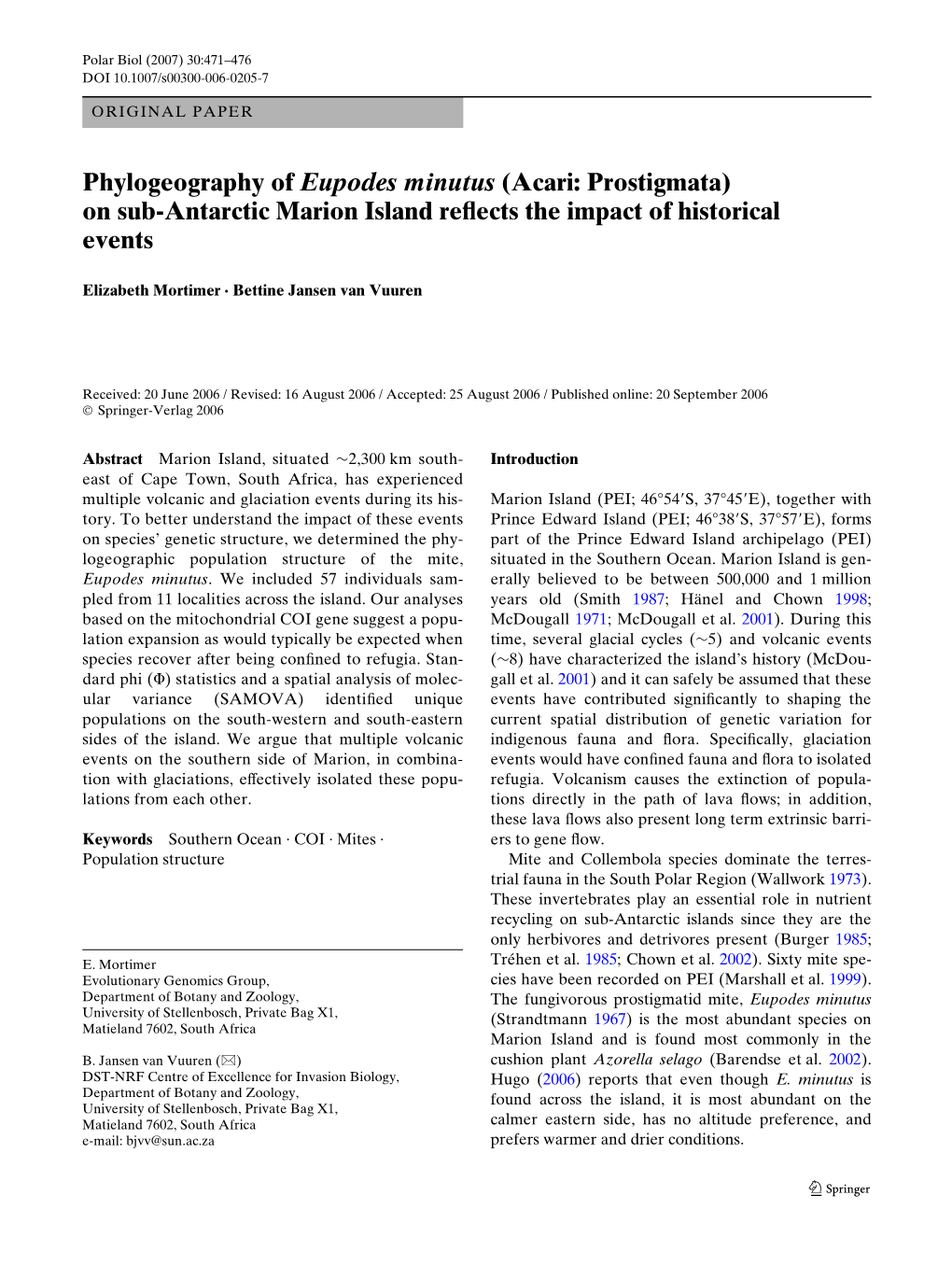 Phylogeography of Eupodes Minutus (Acari: Prostigmata) on Sub-Antarctic Marion Island Rexects the Impact of Historical Events