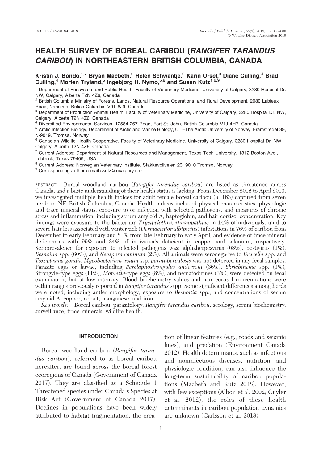 Health Survey of Boreal Caribou (Rangifer Tarandus Caribou) in Northeastern British Columbia, Canada