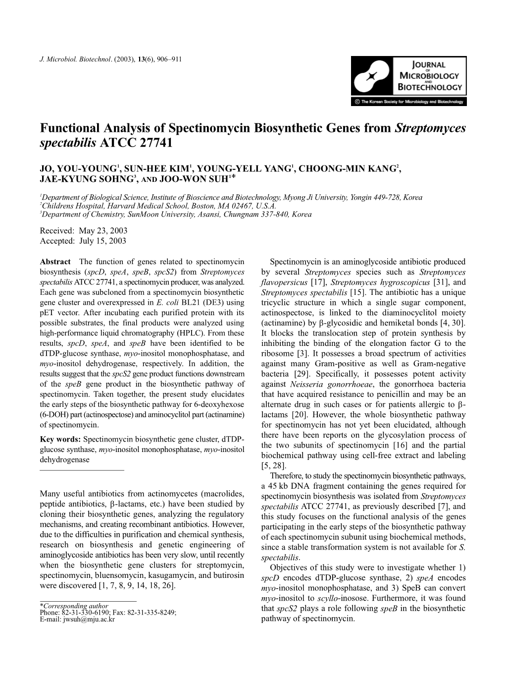 Functional Analysis of Spectinomycin Biosynthetic Genes from Streptomyces Spectabilis ATCC 27741