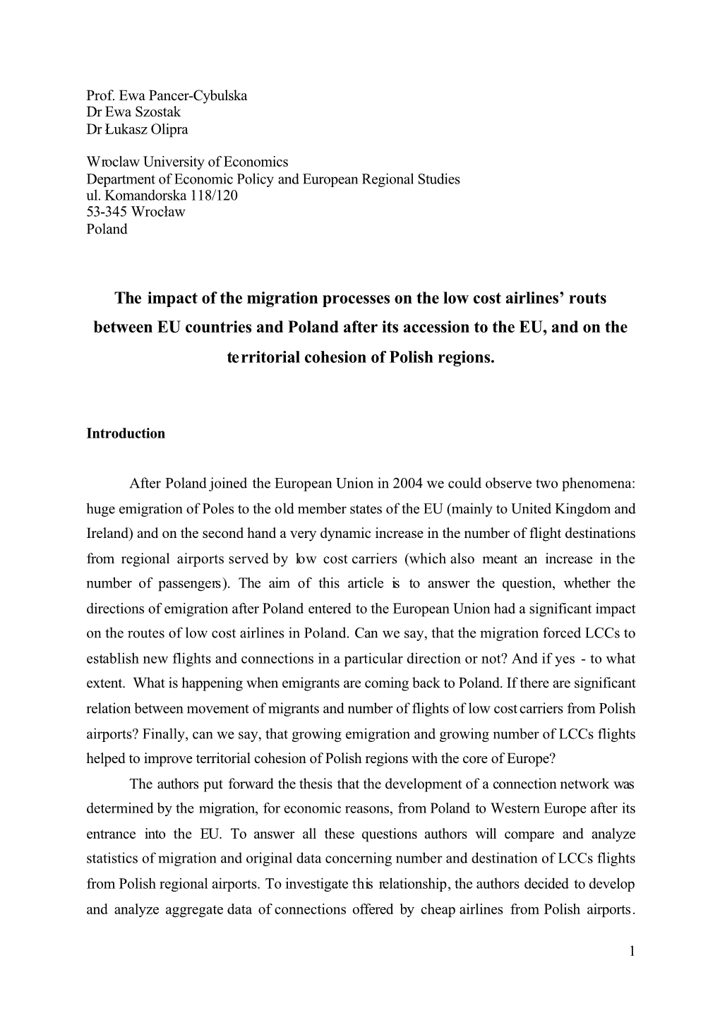 The Impact of the Migration Processes on the Low Cost Airlines' Routs Between EU Countries and Poland After Its Accession to T