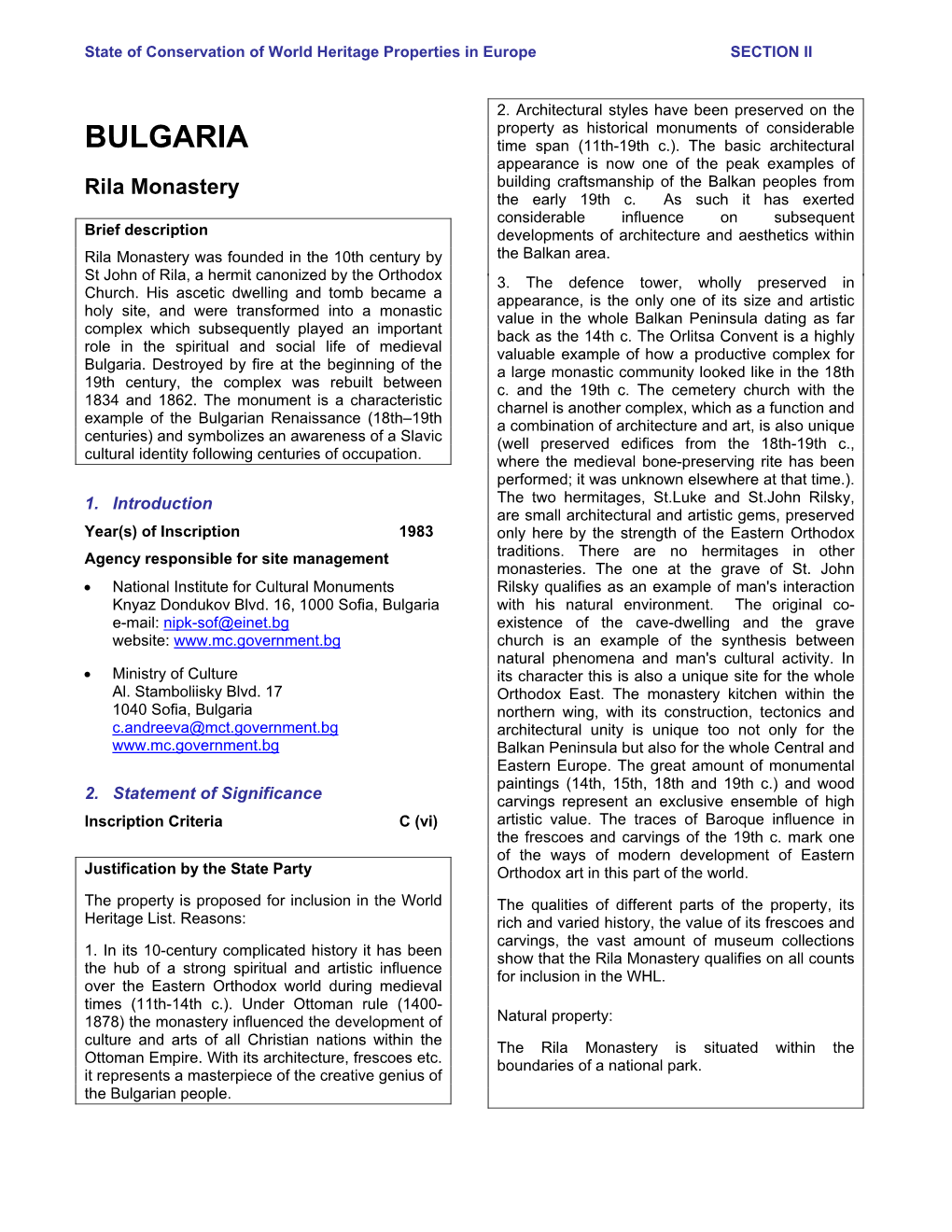 Section II: Summary of the Periodic Report on the State of Conservation