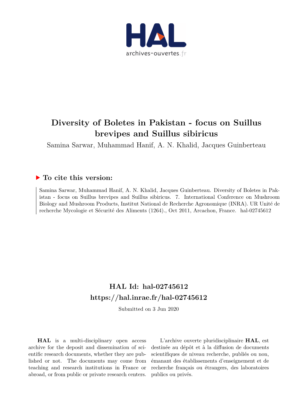 Focus on Suillus Brevipes and Suillus Sibiricus Samina Sarwar, Muhammad Hanif, A