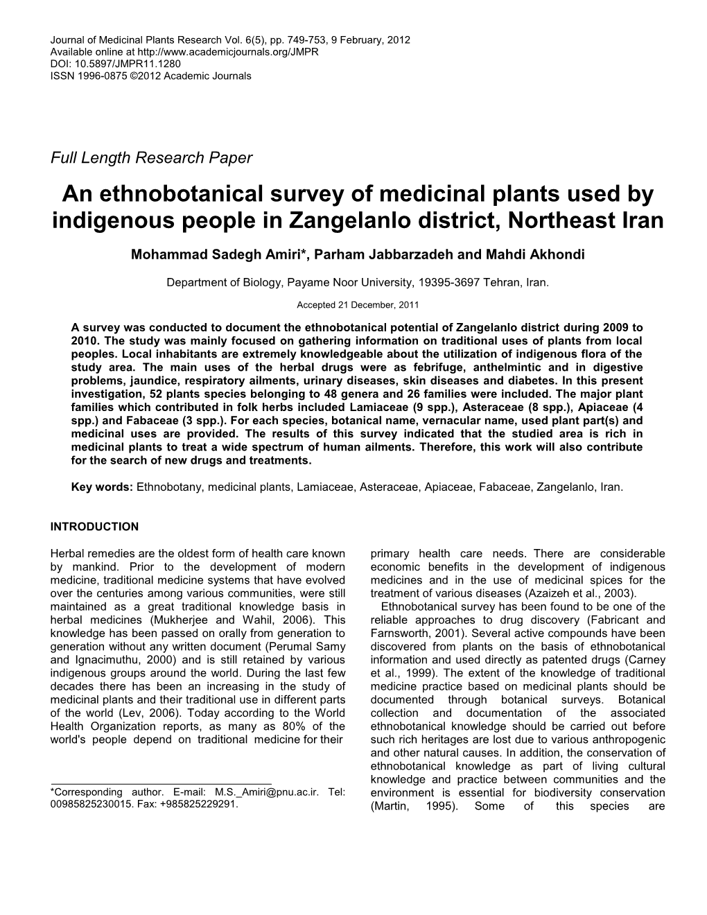 An Ethnobotanical Survey of Medicinal Plants Used by Indigenous People in Zangelanlo District, Northeast Iran