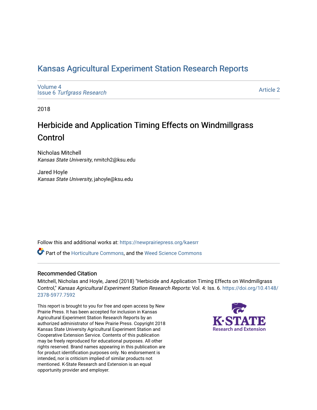 Herbicide and Application Timing Effects on Windmillgrass Control