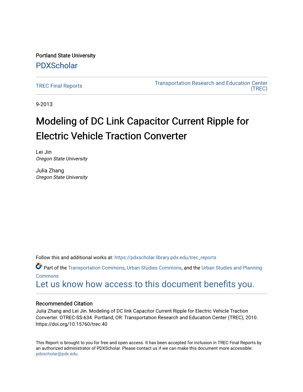 Modeling of DC Link Capacitor Current Ripple for Electric Vehicle Traction Converter