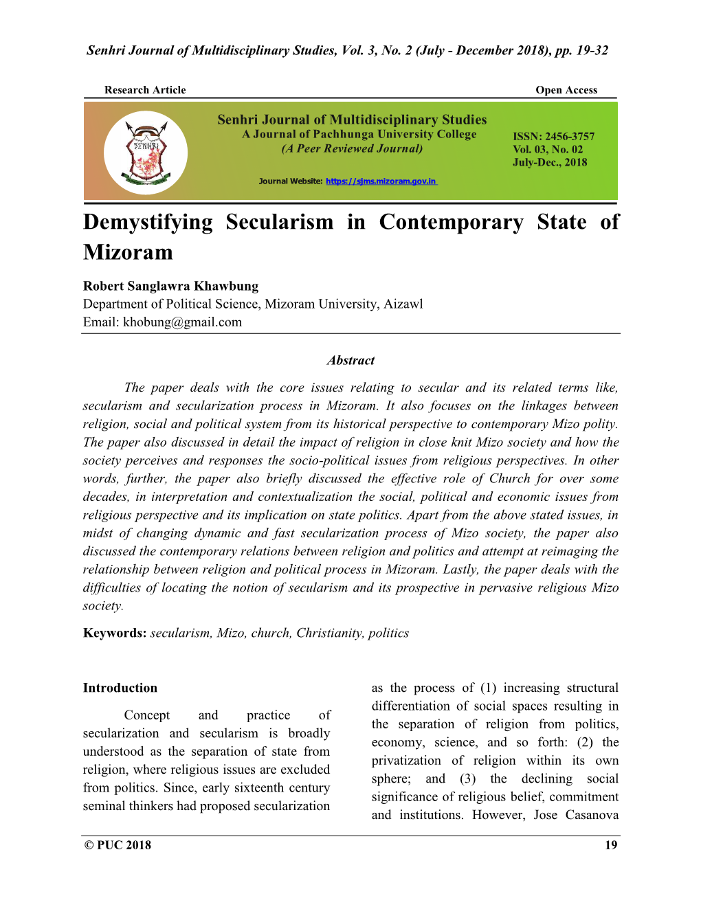 Demystifying Secularism in Contemporary State of Mizoram