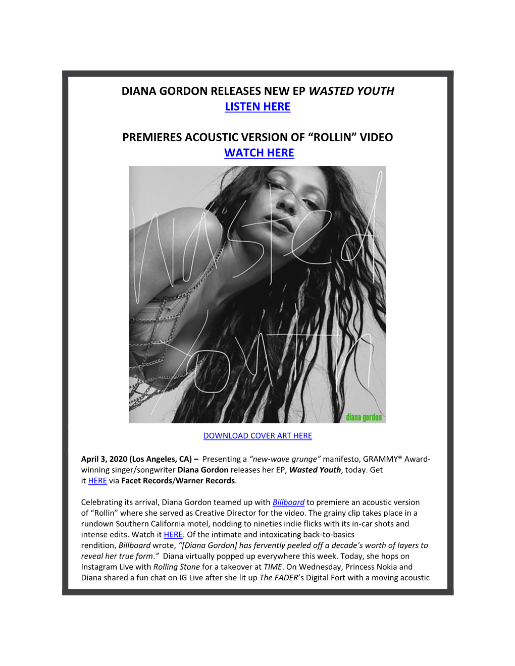 Diana Gordon Releases New Ep Wasted Youth Listen Here