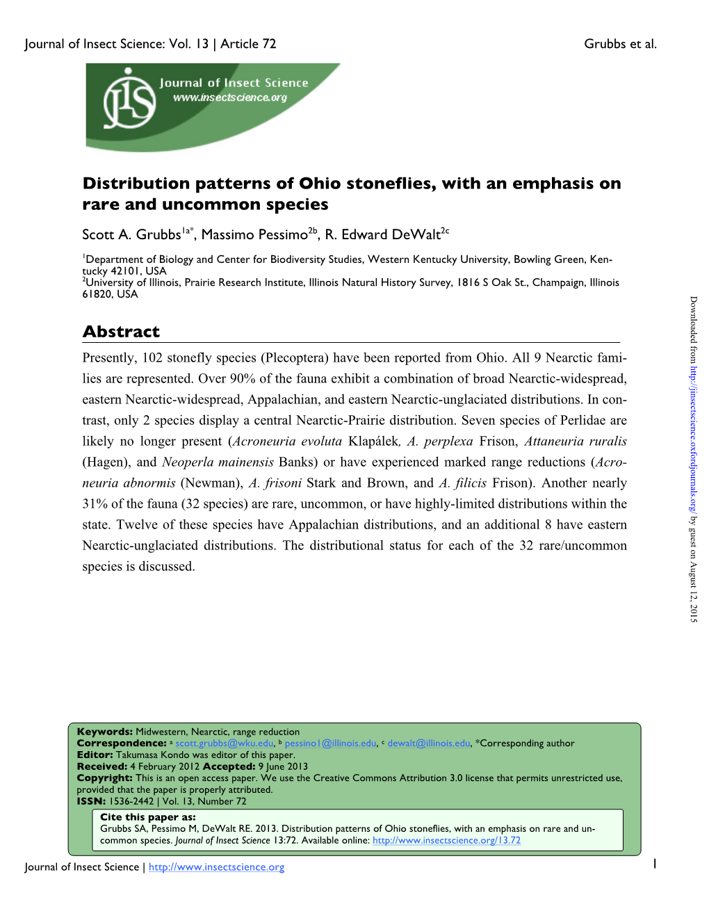 Distribution Patterns of Ohio Stoneflies, with an Emphasis on Rare and Uncommon Species