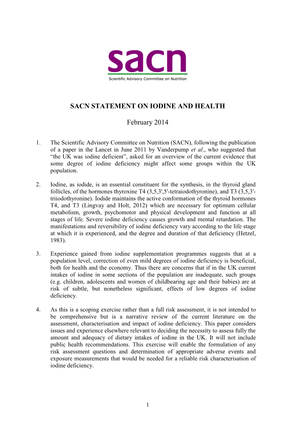 SACN STATEMENT on IODINE and HEALTH February 2014