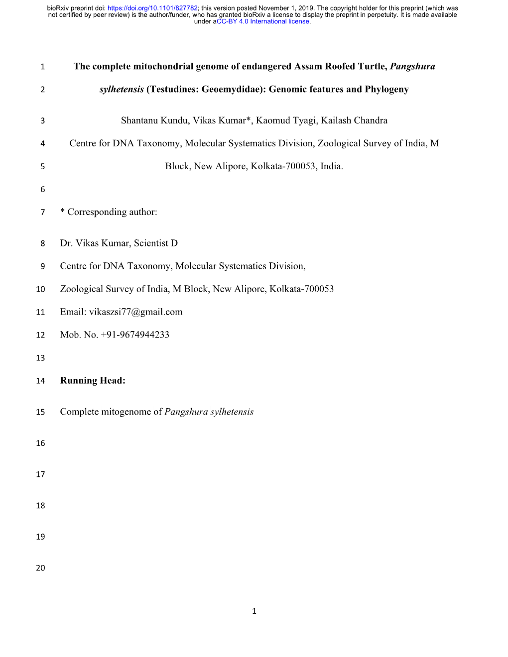 The Complete Mitochondrial Genome of Endangered Assam Roofed Turtle, Pangshura