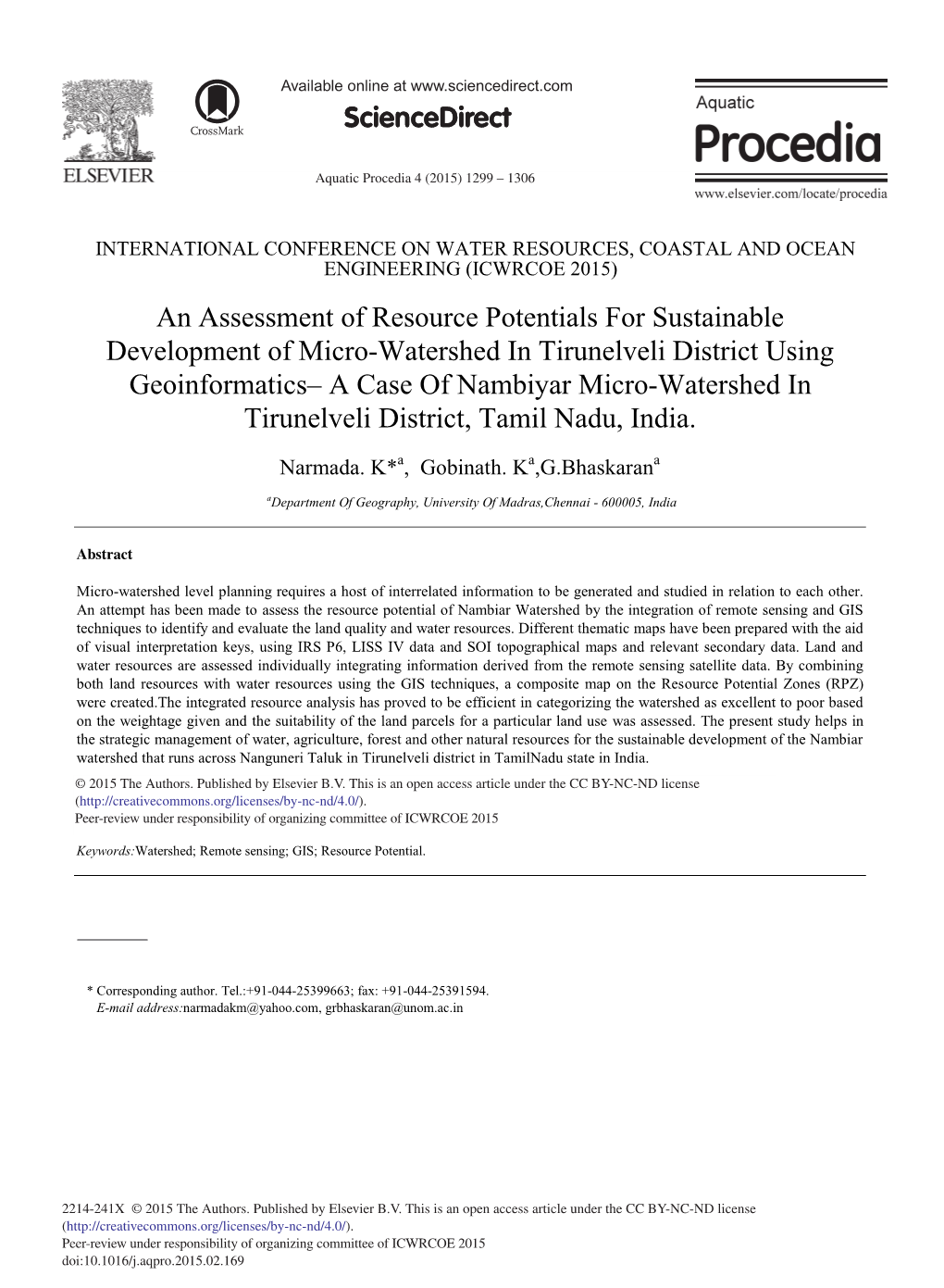 An Assessment of Resource Potentials for Sustainable Development of Micro-Watershed in Tirunelveli District Using Geoinformatics
