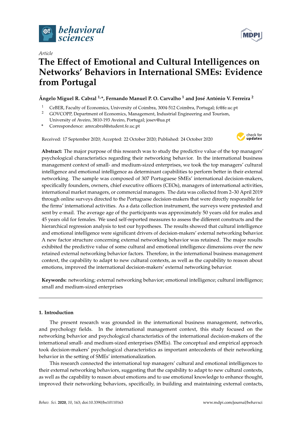The Effect of Emotional and Cultural Intelligences on Networks' Behaviors in International Smes: Evidence from Portugal