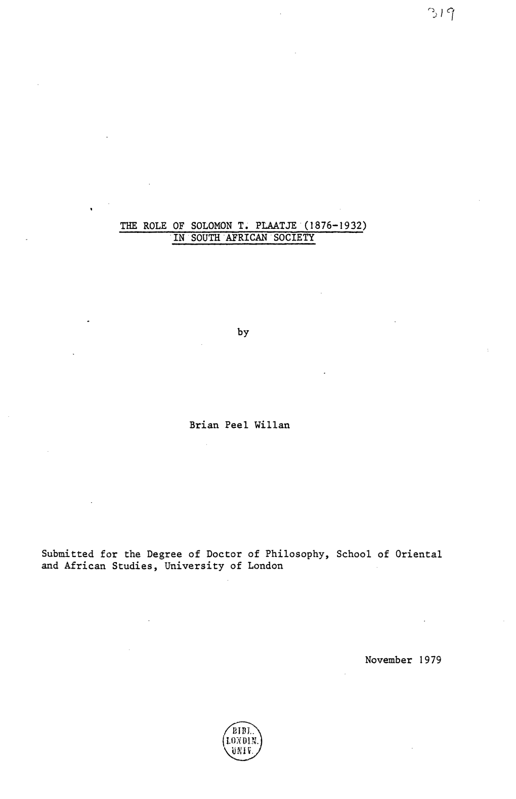 The Role of Solomon T. Plaatje (1876-1932) in South African Society