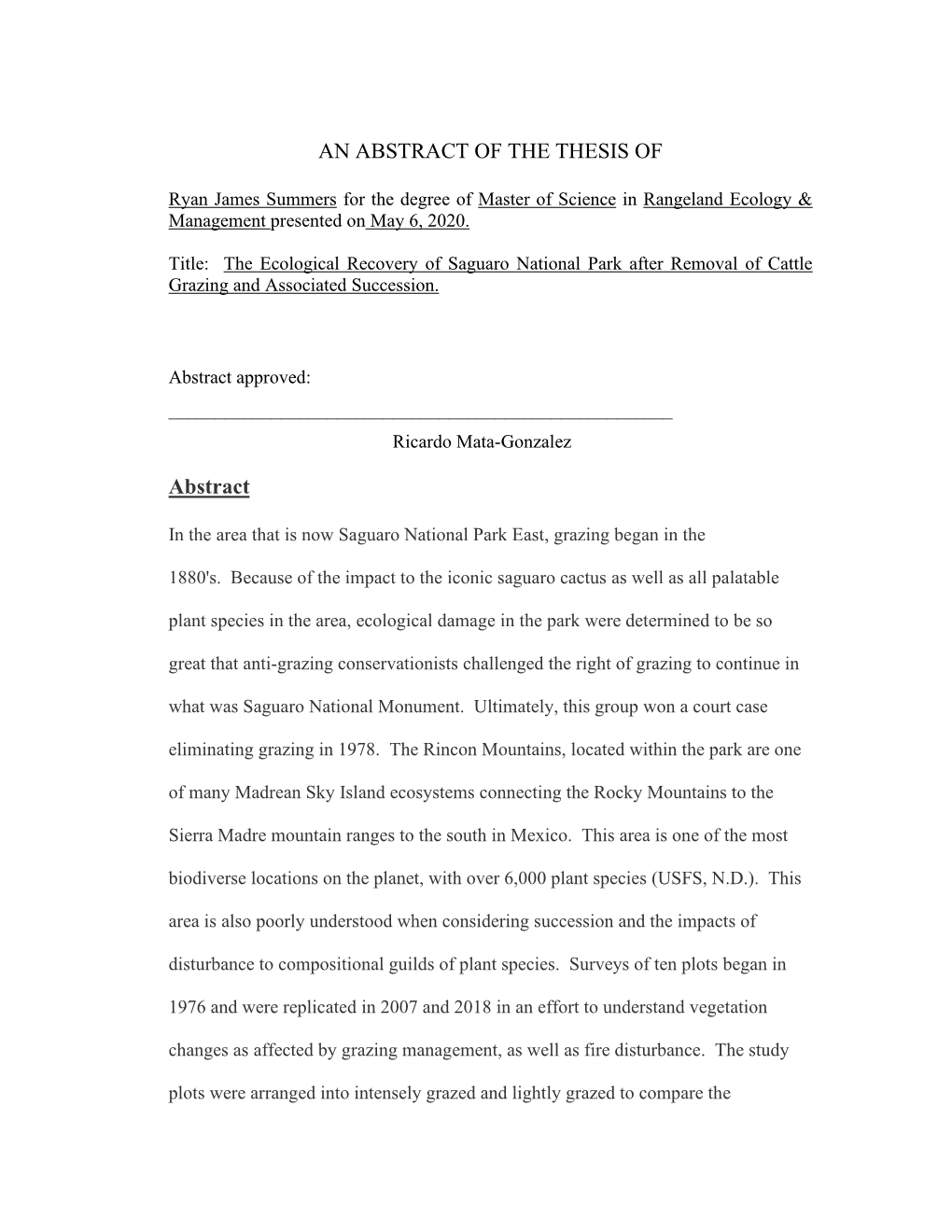 The Ecological Recovery of Saguaro National Park After Removal of Cattle Grazing and Associated Succession