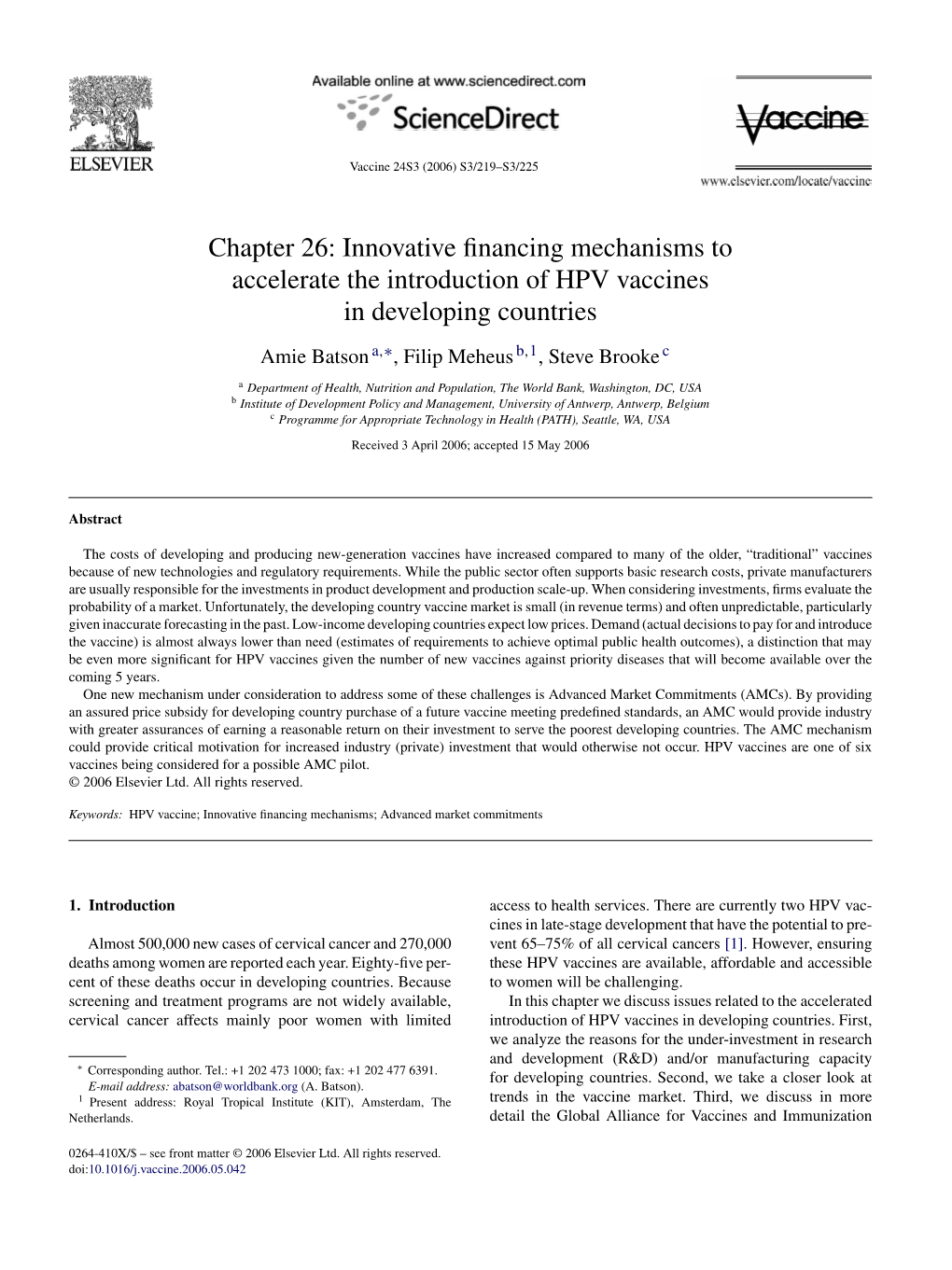 Innovative Financing Mechanisms to Accelerate the Introduction of HPV