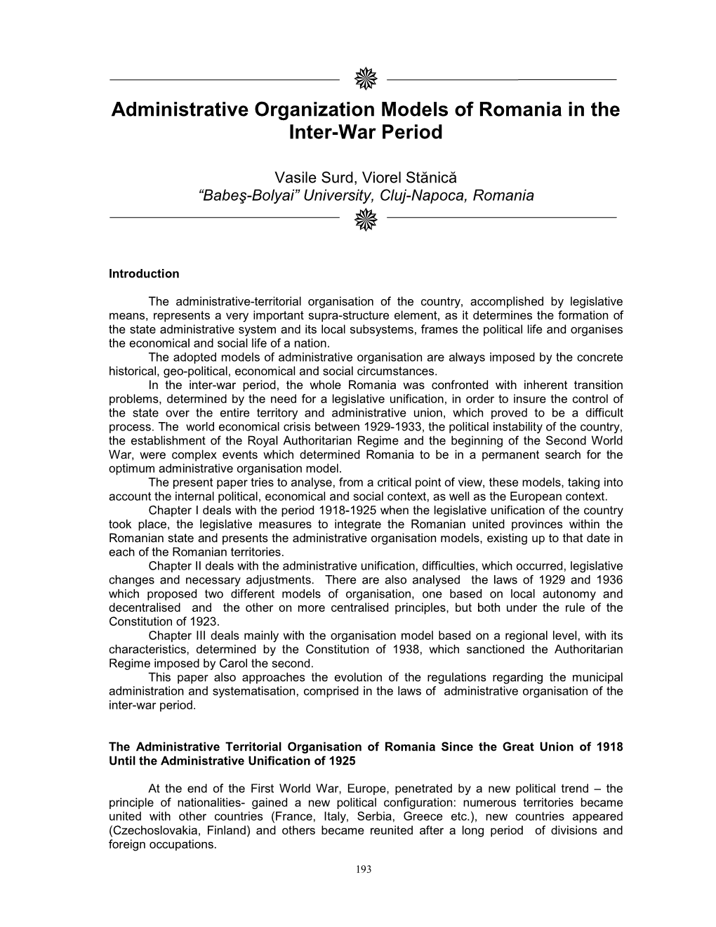 Administrative Organization Models of Romania in the Inter-War Period